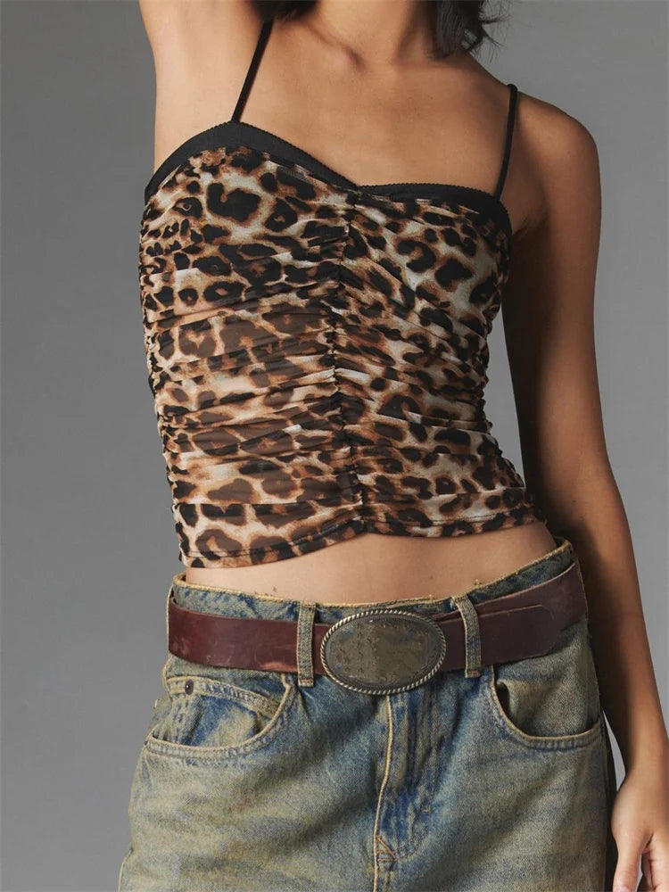FashionSierra - 2024 Cropped Camis Summer Ruched Spaghetti Strap Leopard/Floral Print Vest Clubwear  Crop Tops
