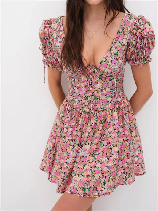 FashionSierra - Retro Floral Print Deep V Neck Backless Tie Up Mini Dress