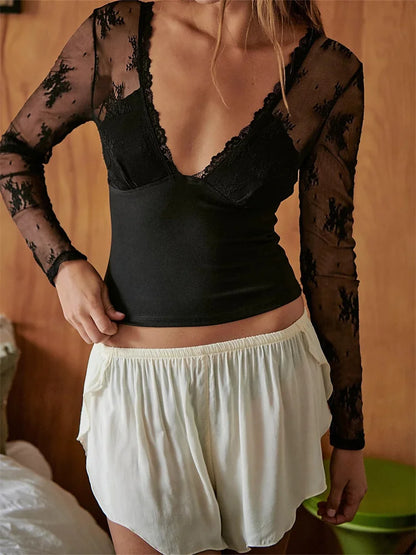 FashionSierra - Retro Lace Mesh See Through Patchwork Long Sleeve V-Neck Backless Slim Clubwear Tee