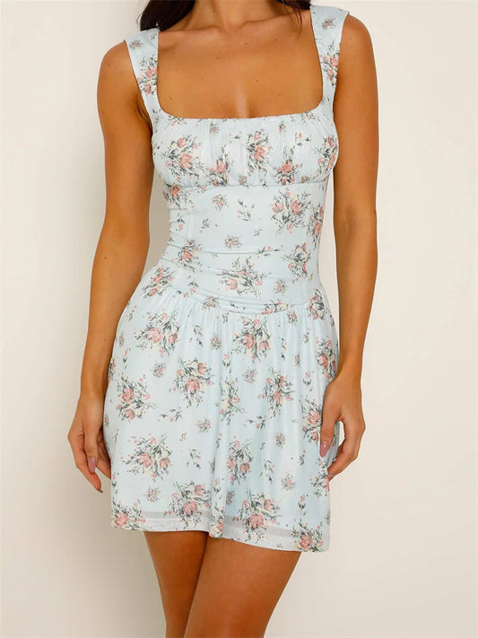 Retro Summer A-Line Sleeveless Backless Tie-up Floral Print Mini Dress