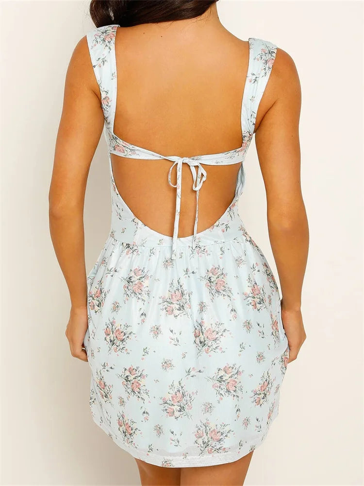 FashionSierra - Retro Summer A-Line Sleeveless Backless Tie-up Floral Print Mini Dress