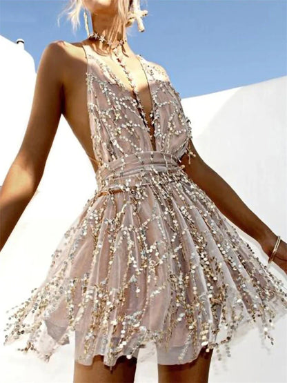 FashionSierra - Sequined Tassels Patchwork Beach Sexy Mini Dress