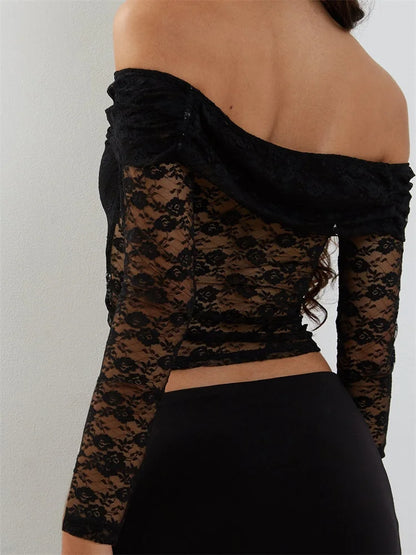 FashionSierra - Sexy Lace Patchwork Mesh See Through Long Sleeve Off Shoulder Slim Fit Party Clubwear Tee