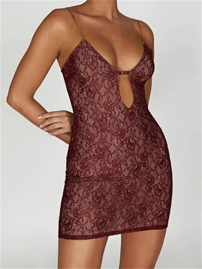 FashionSierra - Sexy V-neck Hollow Out Lace Floral Mini Dress