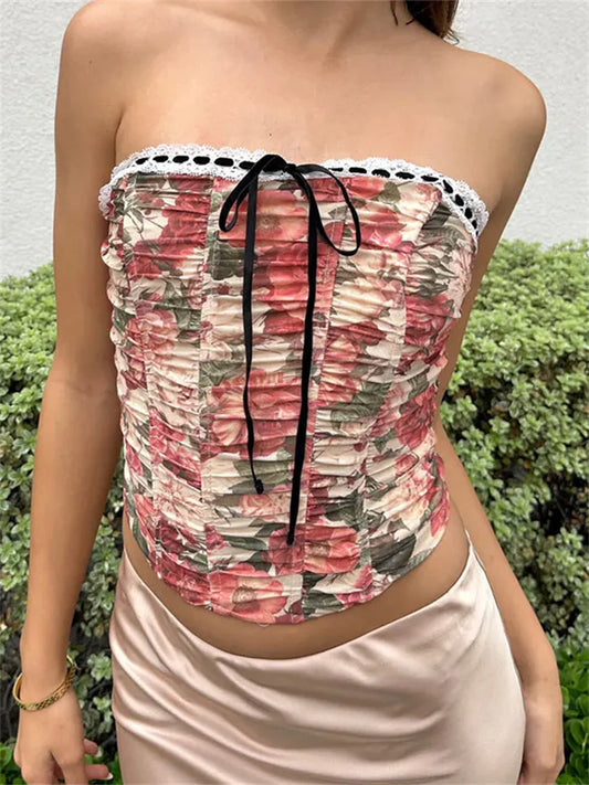 2024 Floral Print Lace Trim Off Shoulder Slim Tank Party Streetwear Tube Tops