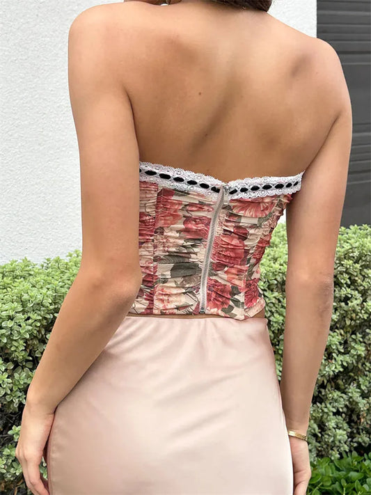 FashionSierra - 2024 Floral Print Lace Trim Off Shoulder Slim Tank Party Streetwear Tube Tops