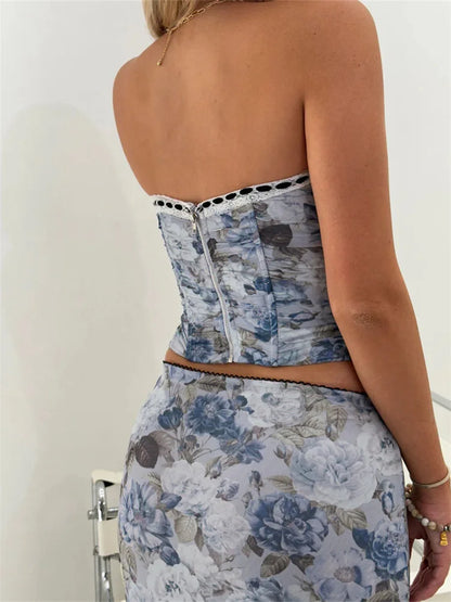 FashionSierra - 2024 Floral Print Lace Trim Off Shoulder Slim Tank Party Streetwear Tube Tops