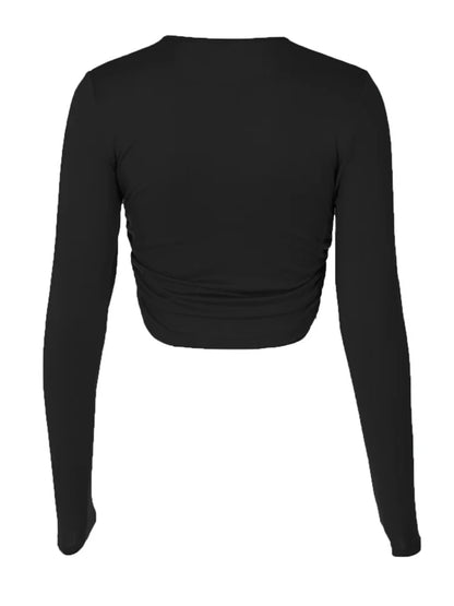 FashionSierra - Sexy Cropped Ruched Solid Long Sleeve Basic Slim Fit Club Streetwear Grunge Pullovers Tee