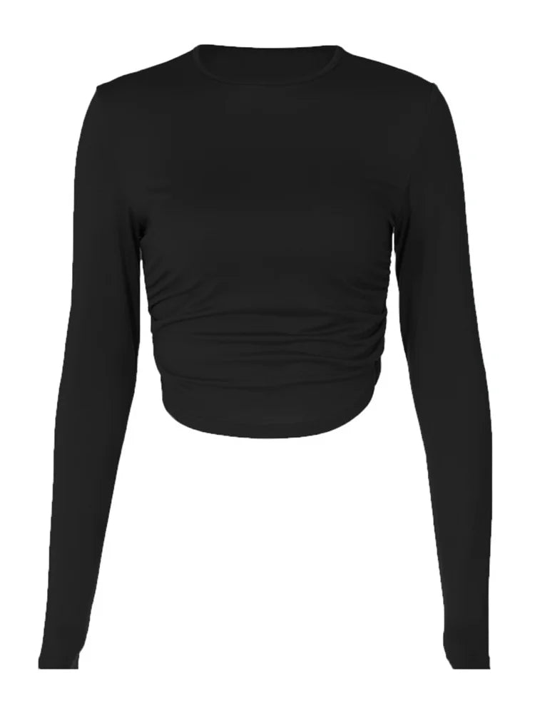 FashionSierra - Sexy Cropped Ruched Solid Long Sleeve Basic Slim Fit Club Streetwear Grunge Pullovers Tee