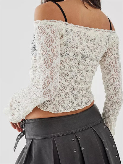 FashionSierra - Sexy Lace Flower Fairy Grunge Off Shoulder Long Sleeve See Through Mesh Slim Fit Tee