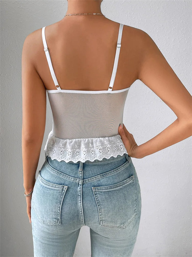 FashionSierra - 2024 Lace Flowers Camis Low-cut Hollow Out Tie-up Irregular Hem Slim Fit Summer Vest  Crop Tops