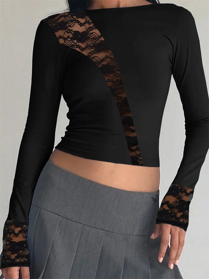 FashionSierra - Sexy Lace Mesh Patchwork Long Sleeve Round Neck Slim Clubwear for Spring Autumn Clothes Tee