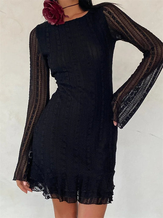 Sexy Lace Party Clubwear Long Flare Sleeve Mesh See Through O-neck Mini Dress