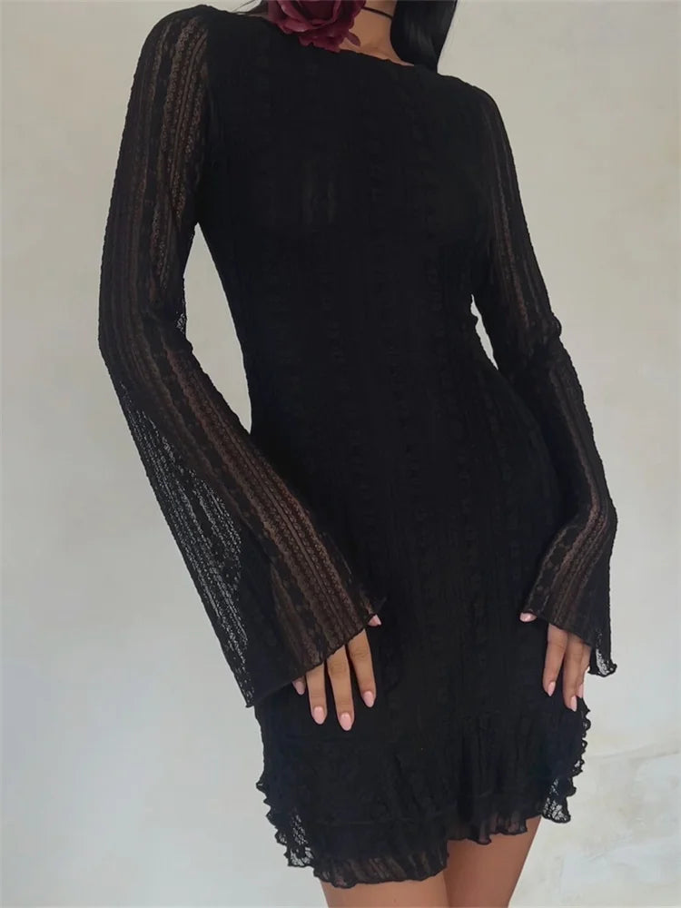 FashionSierra - Sexy Lace Party Clubwear Long Flare Sleeve Mesh See Through O-neck Mini Dress