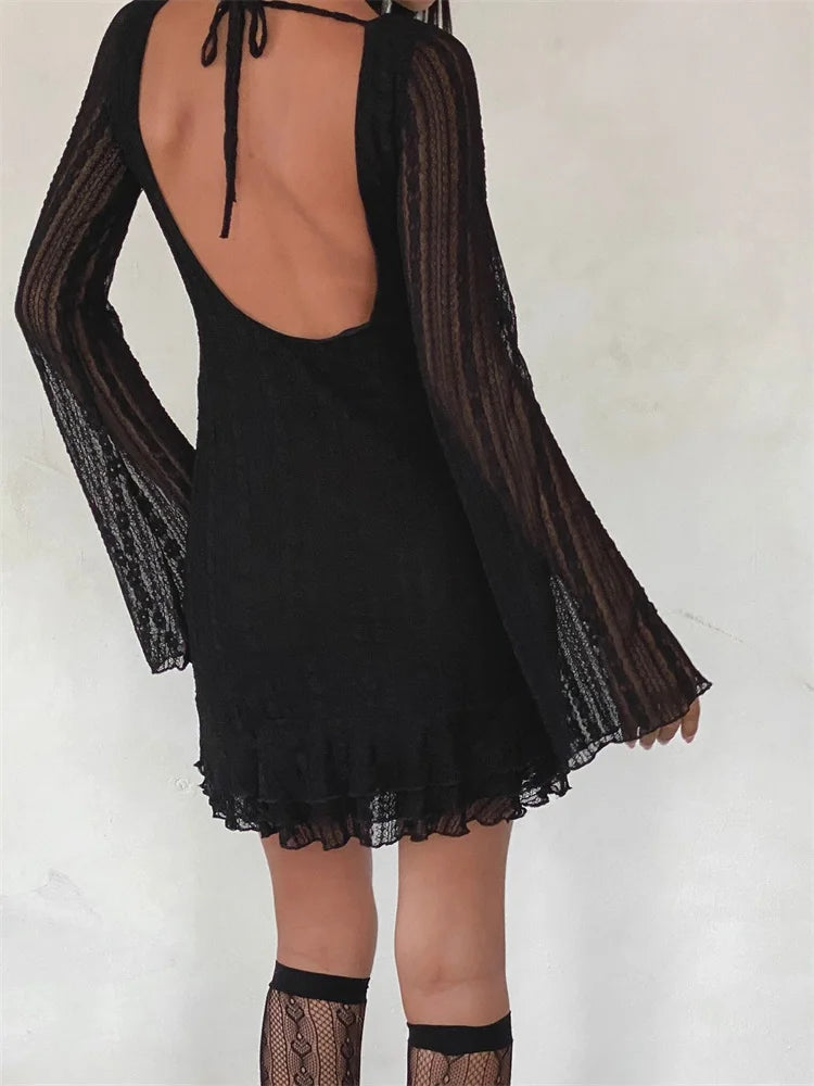 FashionSierra - Sexy Lace Party Clubwear Long Flare Sleeve Mesh See Through O-neck Mini Dress