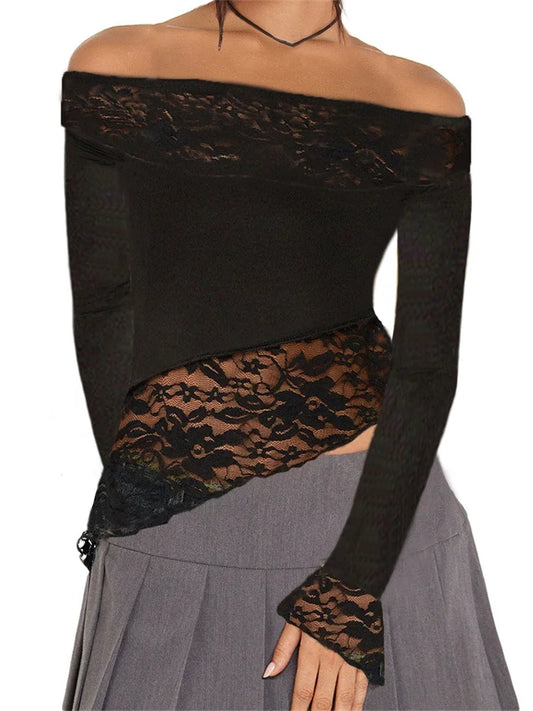 FashionSierra - Sexy Long Sleeve Lace Patchwork Slash Neck Off Shoulder Casual Spring Fall Slim Fit Clubwear Tee