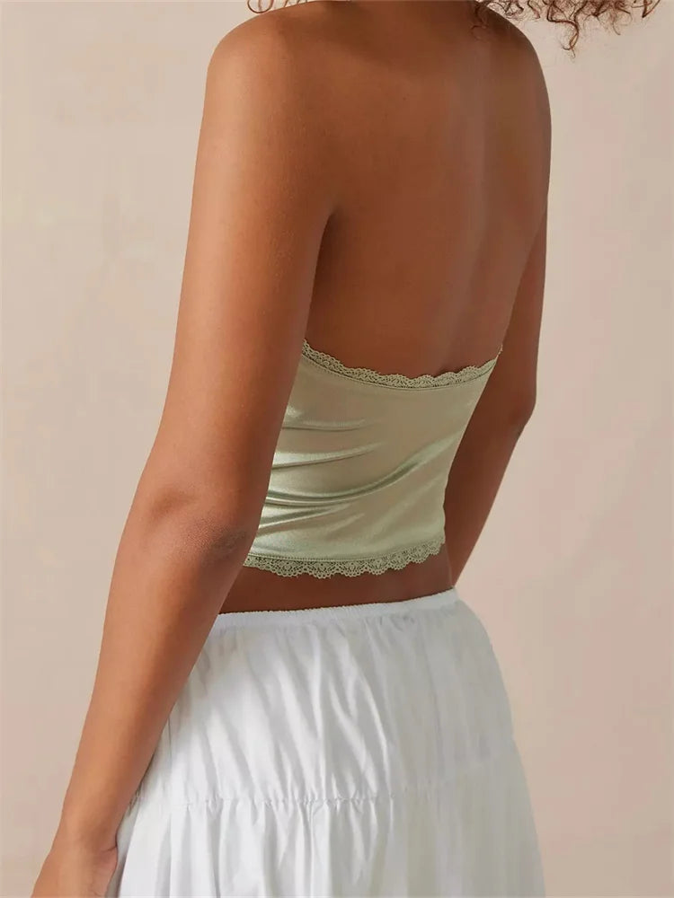 FashionSierra - 2024 Satin Halter Lace Trim Front Bowknot V-Neck Backless Party Tank  Crop Tops