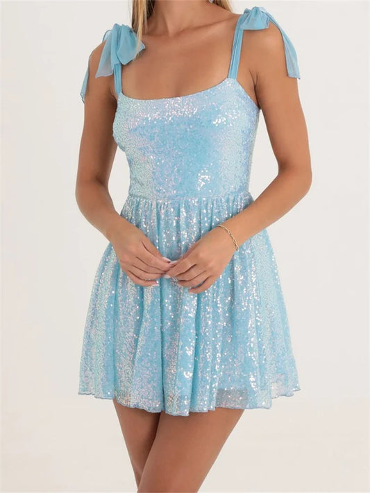 Sexy Sequined Summer Backless Tie-up Strap Mini Dress