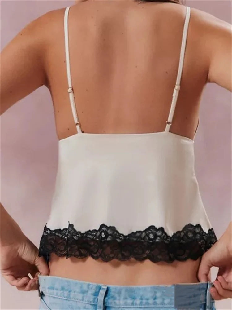 FashionSierra - 2024 Slim Camis Spaghetti Strap V-Neck Vest Lace Patchwork Asymmetric Hem Mini Vest Summer Party Clubwear Crop Tops