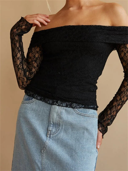 FashionSierra - Sexy Slim Fit See Through Long Sleeve Slash Neck Off Shoulder Slim Lace Streetwear Tee