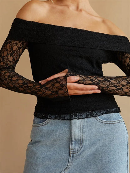 FashionSierra - Sexy Slim Fit See Through Long Sleeve Slash Neck Off Shoulder Slim Lace Streetwear Tee