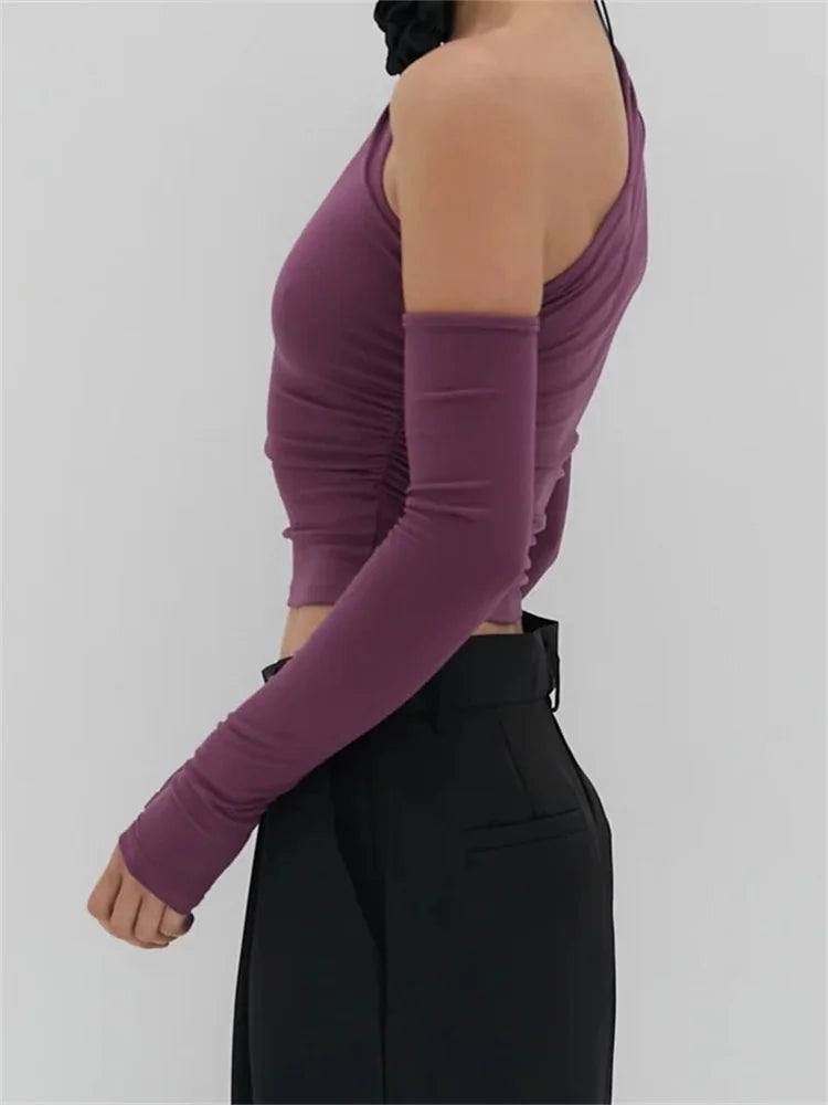 FashionSierra - Sexy Solid Color Cropped Off Shoulder Long Sleeve Spring Fall Slim Fit Clubwear Tee
