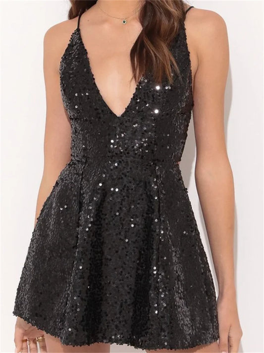 FashionSierra - Sexy Sparkle Sequined Spaghetti Strap Backless Mini Dress