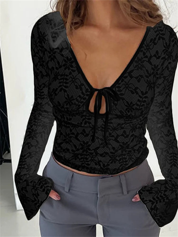 FashionSierra - Sexy Summer Lace Long Sleeve Tie-up Deep V-Neck Mesh See Through Slim Clubwear New Tee