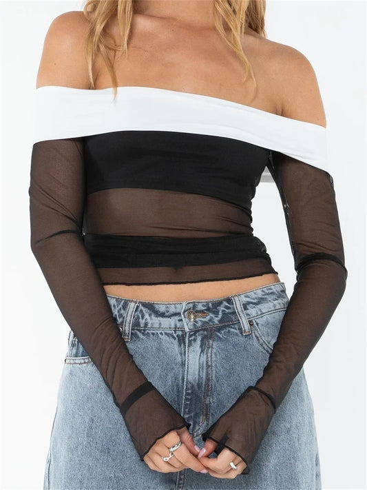 FashionSierra - Sexy Summer Slim Fit Top Long Sleeve Slash Neck Off Shoulder Contrast Color Mesh See Through Tees