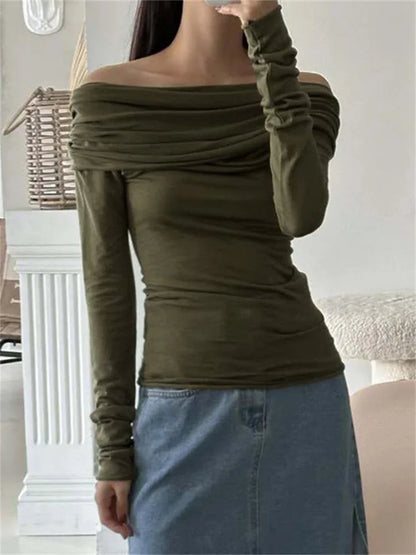 FashionSierra - Sexy Long Sleeve Off-shoulder Ruched Solid Slim Fit Shirt Slash Neck Pullovers Clubwear Tee
