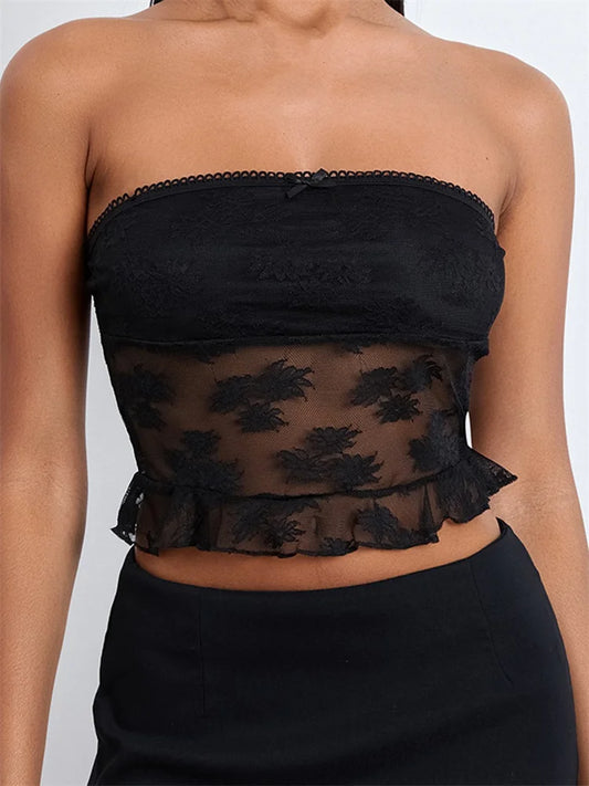 FashionSierra - 2024 Tube Lace Mesh See-Through Strapless Off Shoulder Tank Backless Floral Summer Party Mini Vest Crop Tops
