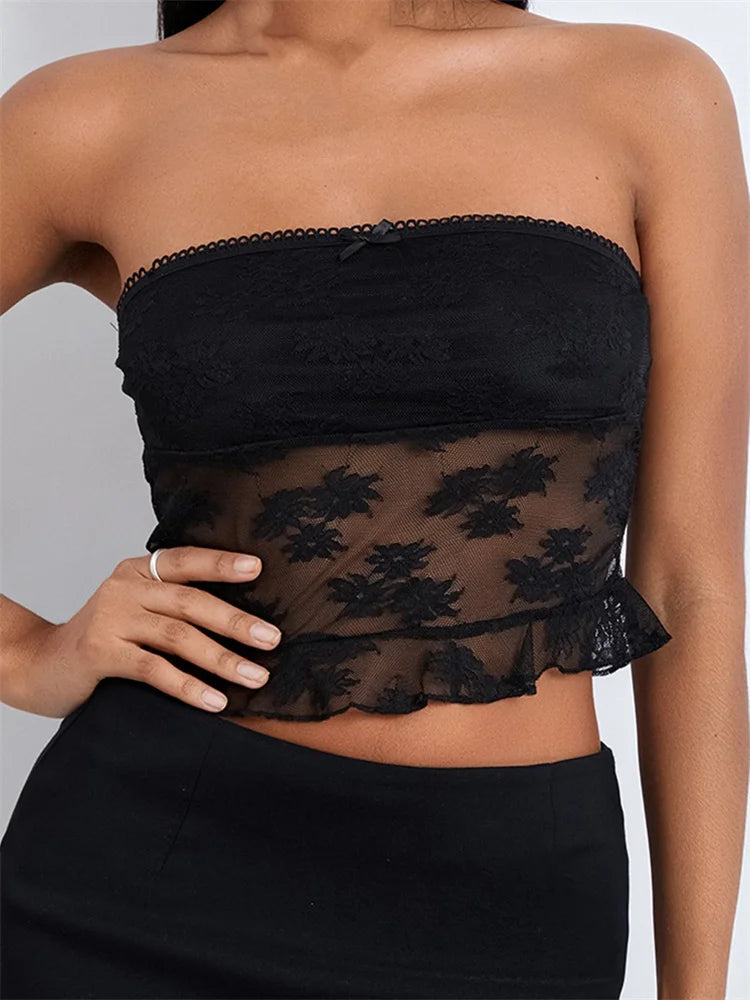 FashionSierra - 2024 Tube Lace Mesh See-Through Strapless Off Shoulder Tank Backless Floral Summer Party Mini Vest Crop Tops