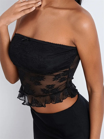 FashionSierra - 2024 Tube Lace Mesh See-Through Strapless Off Shoulder Tank Backless Floral Summer Party Mini Vest Crop Tops