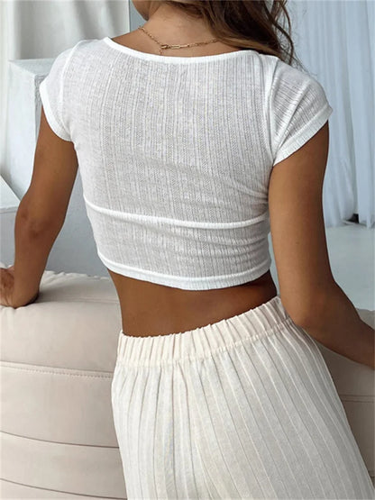 FashionSierra - 2024 Y2K Short Sleeve Basic Summer White Solid V-neck Slim Fit Party Streetwear Tee