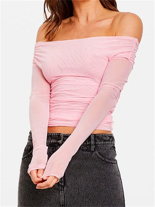 FashionSierra - Slash Neck Off Shoulder Cropped for Women Long Sleeve Mesh See Through Summer Party Clubwear Tee