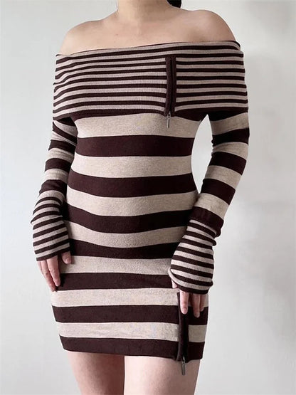 FashionSierra - 2024 Spring Fall Long Sleeve Off-shoulder Knitted Slim Fit Mini Dress