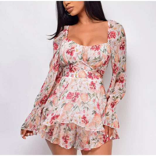 FashionSierra - 2024 Square Collar Lace Up Floral Mini Dress