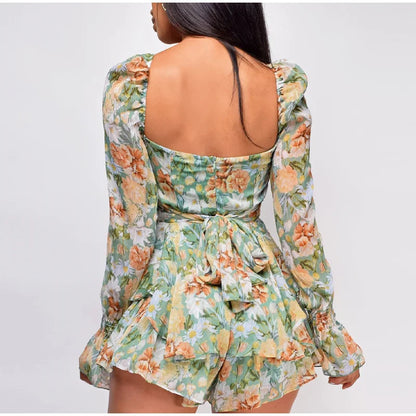 FashionSierra - 2024 Square Collar Lace Up Floral Mini Dress