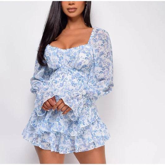 FashionSierra - 2024 Square Collar Lace Up Floral Mini Dress