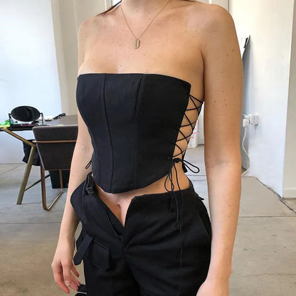 FashionSierra - 2024 Sexy Party Chest Wrap Corset Bandage Strapless Off Shoulder Lace-up Vest Crop Tops
