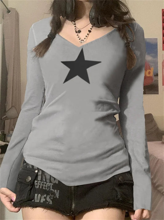 FashionSierra - 2024 V-neck Harajuku Grunge Basic Pullovers Top Y2K Retro Star Print Vintage Fairycore Long Sleeves Tees