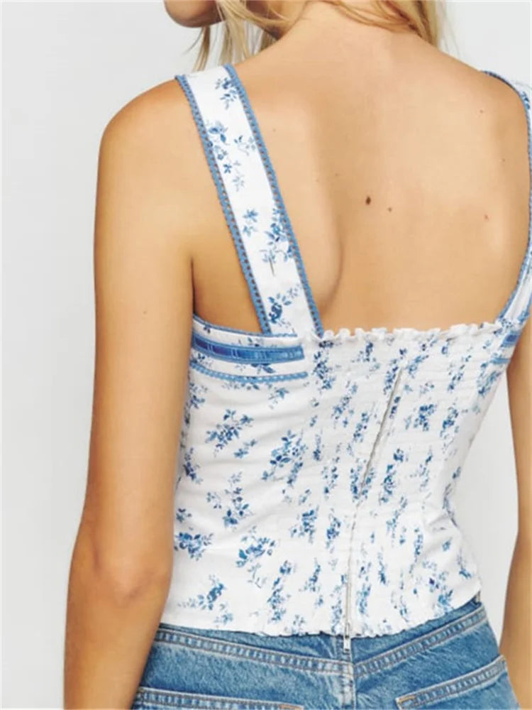 FashionSierra - 2024 Floral Print Bow Tank Girls Fairy Grunge Y2K Aesthetic Slim Fit Mini Vest Chic Streetwear Crop Tops