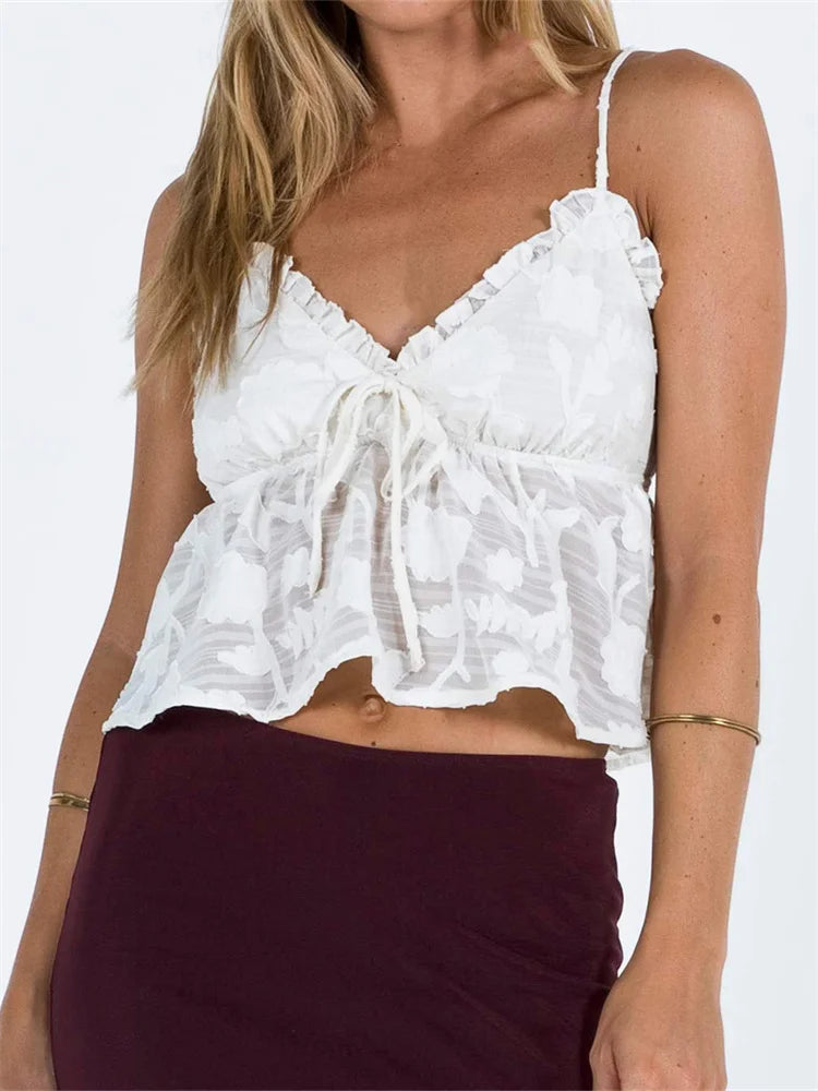 FashionSierra - 2024 Lace Floral Strap Camis Party Clubwear Sexy V-neck Tie-up White Solid Tank Vest Crop Tops