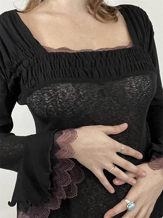 FashionSierra - 2025 Vintage Lace Patchwork Long Flare Sleeve Top for Women Square Neck Ruched Slim Fit Clubwear Tee