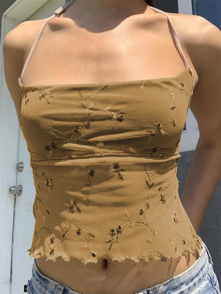 FashionSierra - 2024 Sleeveless Halter Lace-up Camis for Women Square Neck Floral Backless Tank Irregular Hem Mini Vest  Crop Tops