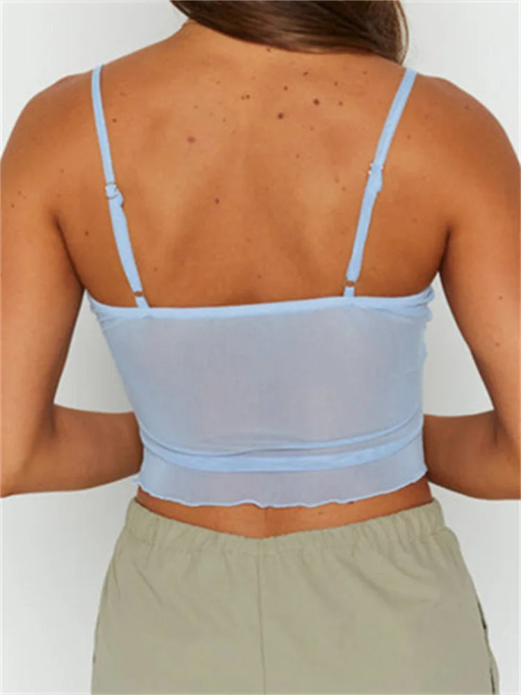 FashionSierra - 2024 Strap Camis for Women Sexy V Neck Slim Fit Y2K Mini Vest Summer Mesh See Through Tank Streetwear Crop Tops