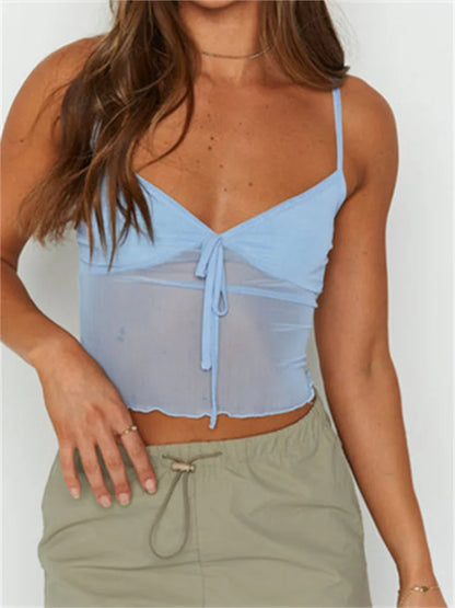 FashionSierra - 2024 Strap Camis for Women Sexy V Neck Slim Fit Y2K Mini Vest Summer Mesh See Through Tank Streetwear Crop Tops