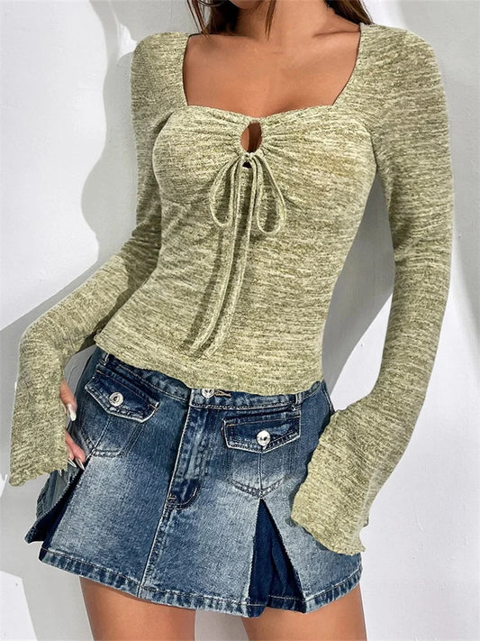 FashionSierra - 2025 Vintage Fall Spring Square Neck Long Flared Sleeve Front Tie Up Solid Streetwear Tee