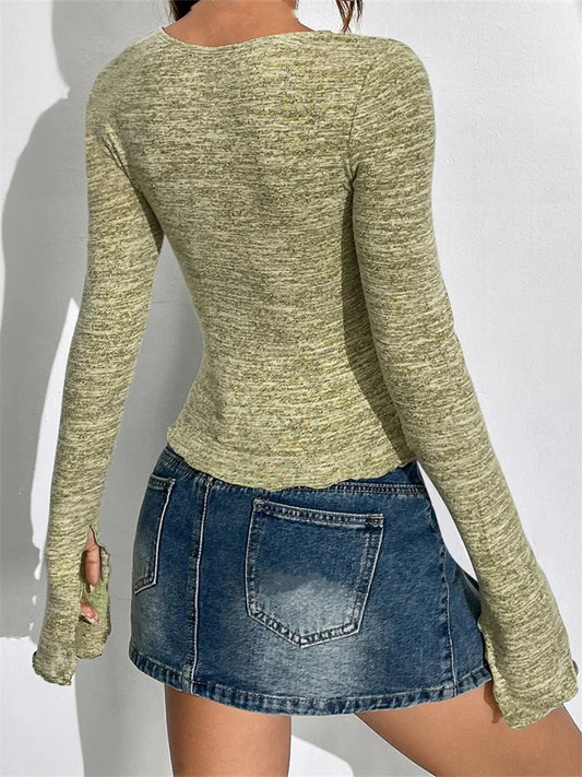 FashionSierra - 2025 Vintage Fall Spring Square Neck Long Flared Sleeve Front Tie Up Solid Streetwear Tee