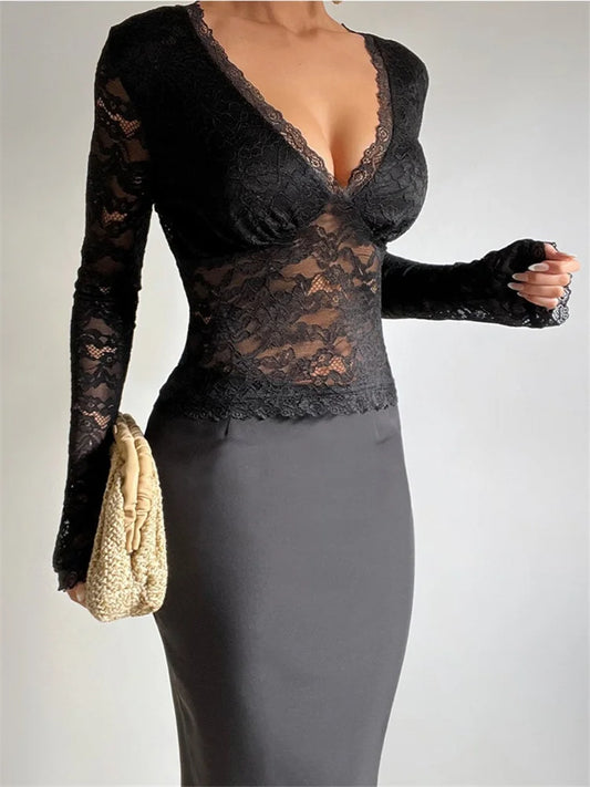 FashionSierra - 2024 Vintage Lace Mesh See Through Long Sleeve Deep V-neck Slim Fit Party Clubwear Black Tee